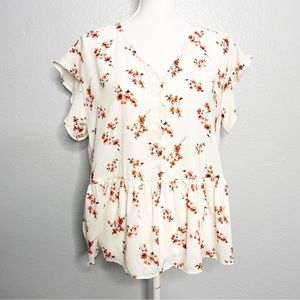 Bobeau Floral V-Neck Button Down Flutter Sleeve Peplum Top Size M